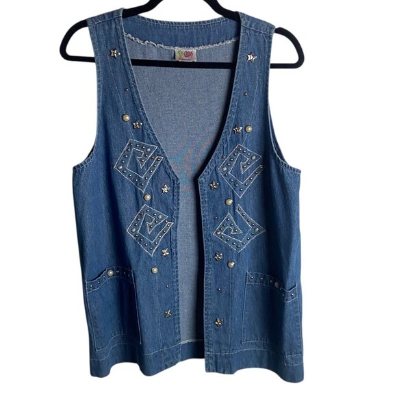 Vintage Cactus Size Small Denim Embellished Open Front Jean Vest Western Cowgirl - Picture 1 of 7